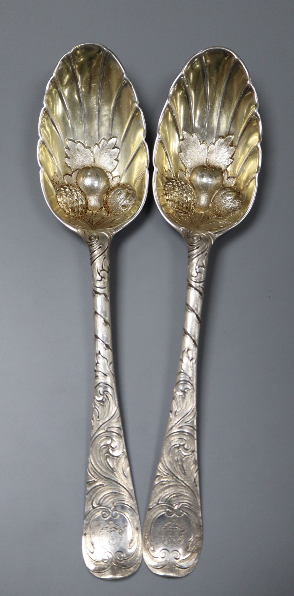 A pair of George II Scottish silver berry spoons, James Mitchell I, Edinburgh, 1754, 21.2cm, 4.5 oz.